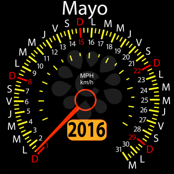 2016 year calendar speedometer car in Spanish, May. Vector illustration.