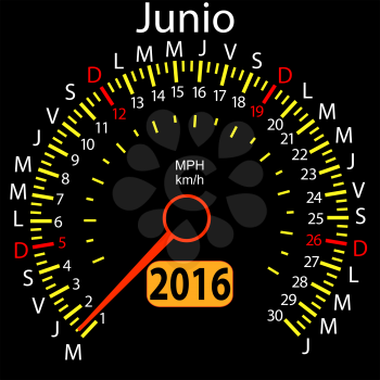 2016 year calendar speedometer car in Spanish, June. Vector illustration.