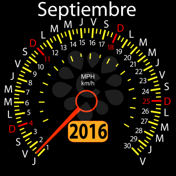 2016 year calendar speedometer car in Spanish, September. Vector illustration.