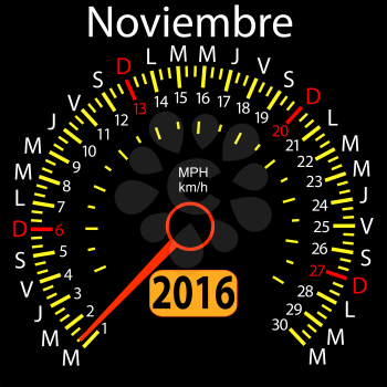 2016 year calendar speedometer car in Spanish, November. Vector illustration.