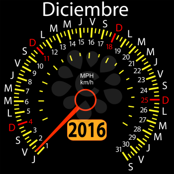 2016 year calendar speedometer car in Spanish, December. Vector illustration.