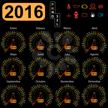 2016 year calendar speedometer car in Spanish. Vector illustration.