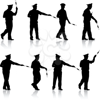 Set black silhouettes  Police officer  with a rod on white background. Vector illustration.