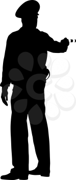 Black silhouettes  Police officer  with a rod on white background. Vector illustration.