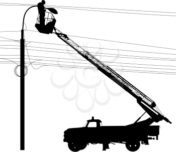 Electrician, making repairs at a power pole. Vector illustration.