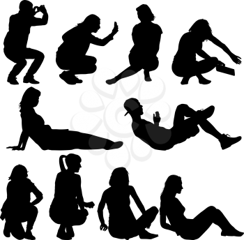 Silhouettes of people in positions lying and sitting. Vector illustration.