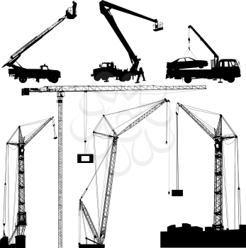 Set of black hoisting cranes isolated on white background. Vector illustration.