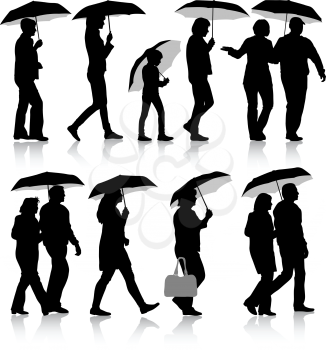Black silhouettes man and woman under umbrella. Vector illustrations.