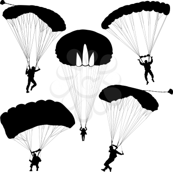 Set skydiver, silhouettes parachuting vector illustration