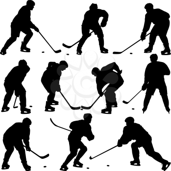 Set of silhouettes of hockey player. Isolated on white. Vector illustrations.