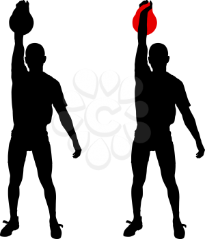 Silhouette muscular man holding kettle bell.  Vector illustration.