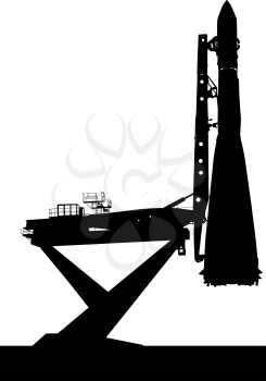 Silhouette space ship before the launch into orbit. Vector illustration.