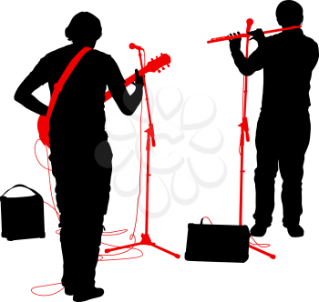 Silhouettes musicians plays the guitar and flute. Vector illustration.