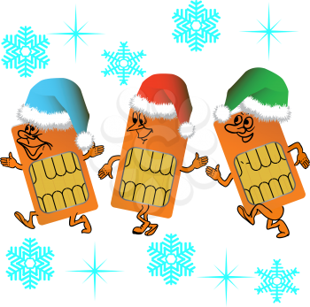 Three SIM cards go in santa outfit on a background of snowflakes