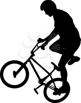 Silhouette of a cyclist male performing acrobatic pirouettes. vector illustration.