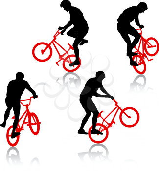 Set silhouette of a cyclist male performing acrobatic pirouettes. vector illustration.