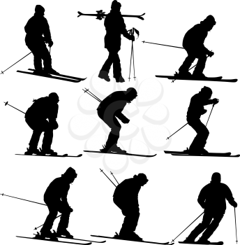 Set mountain skier speeding down slope. Vector sport silhouette.