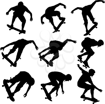 Set ilhouettes a skateboarder performs jumping. Vector illustration.