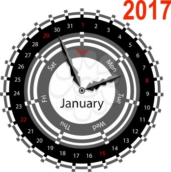 Creative idea of design a Clock with circular calendar for 2017. Arrows indicate the day of the week and date. January