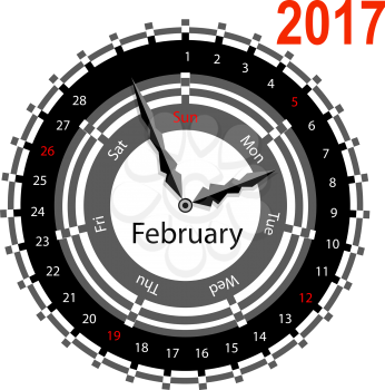 Creative idea of design of a Clock with circular calendar for 2017. Arrows indicate the day of the week and date. February