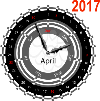Creative idea of design of a Clock with circular calendar for 2017. Arrows indicate the day of the week and date. April