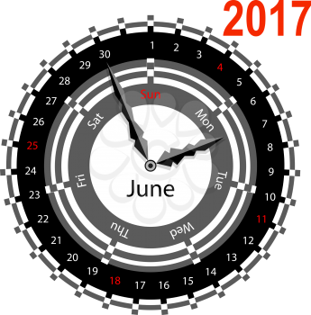 Creative idea of design of a Clock with circular calendar for 2017. Arrows indicate the day of the week and date. June