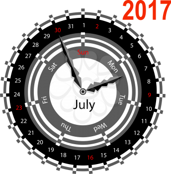 Creative idea of design of a Clock with circular calendar for 2017. Arrows indicate the day of the week and date. July