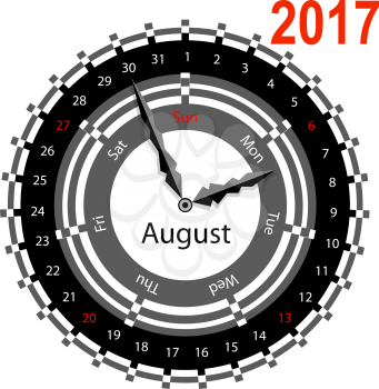 Creative idea of design of a Clock with circular calendar for 2017. Arrows indicate the day of the week and date. August