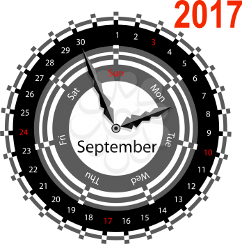 Creative idea of design of a Clock with circular calendar for 2017. Arrows indicate the day of the week and date. September