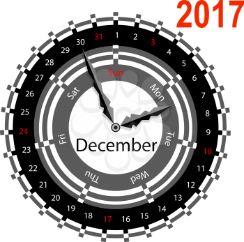 Creative idea of design of a Clock with circular calendar for 2017. Arrows indicate the day of the week and date. December