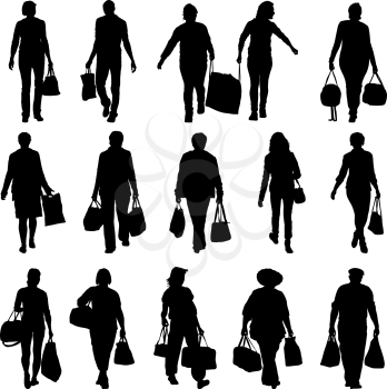 Black silhouettes mans and womans with bags and packages on white background. Vector illustration.