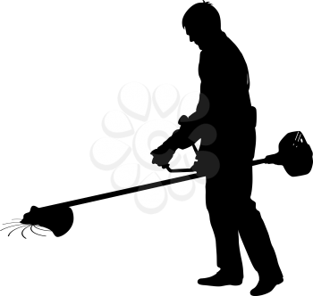 Silhouette worker of a garden cuts off  grass. Vector illustration.