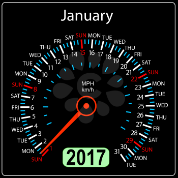 year 2017 calendar speedometer car in vector. January.