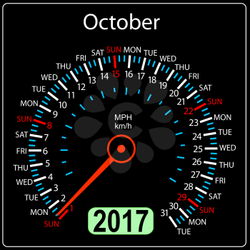 year 2017 calendar speedometer car in vector. October.