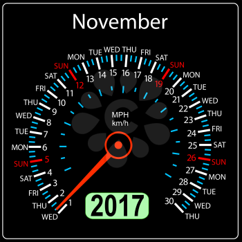 year 2017 calendar speedometer car in vector. November.