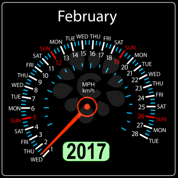 year 2017 calendar speedometer car in vector. February.