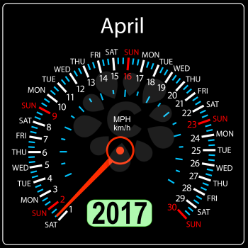 year 2017 calendar speedometer car in vector. April.