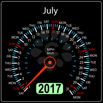 year 2017 calendar speedometer car in vector. July.