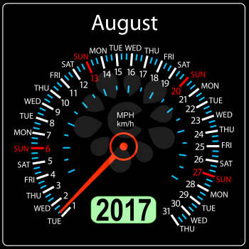 year 2017 calendar speedometer car in vector. August.