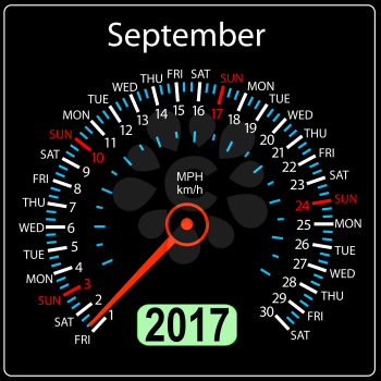 year 2017 calendar speedometer car in vector. September.
