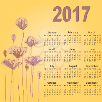 Stylish calendar with flowers for 2017. Week starts on Monday.