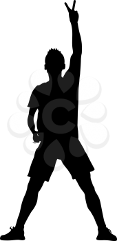 Silhouette man with his hand raised in the form of the letter V. Vector illustration.