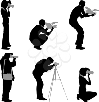 Set cameraman with video camera. Silhouettes on white background. Vector illustration.
