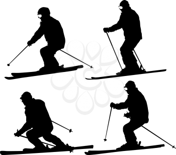 Set mountain skier speeding down slope. Vector sport silhouette.