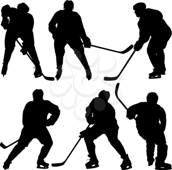 Set of silhouettes hockey player. Isolated on white. Vector illustrations.