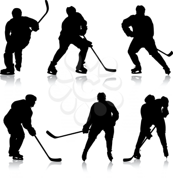 Set of silhouettes hockey player. Isolated on white. Vector illustrations.