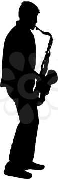 Silhouette musician, saxophonist player on white background, vector illustration.