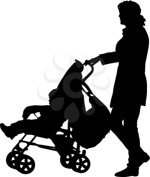 Black silhouettes Family with pram on white background. Vector illustration.