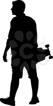 Black silhouettes man with skateboard in hand on white background. Vector illustration.