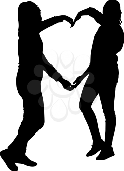 Silhouette two girls holding hands in heart shape, vector illustration.